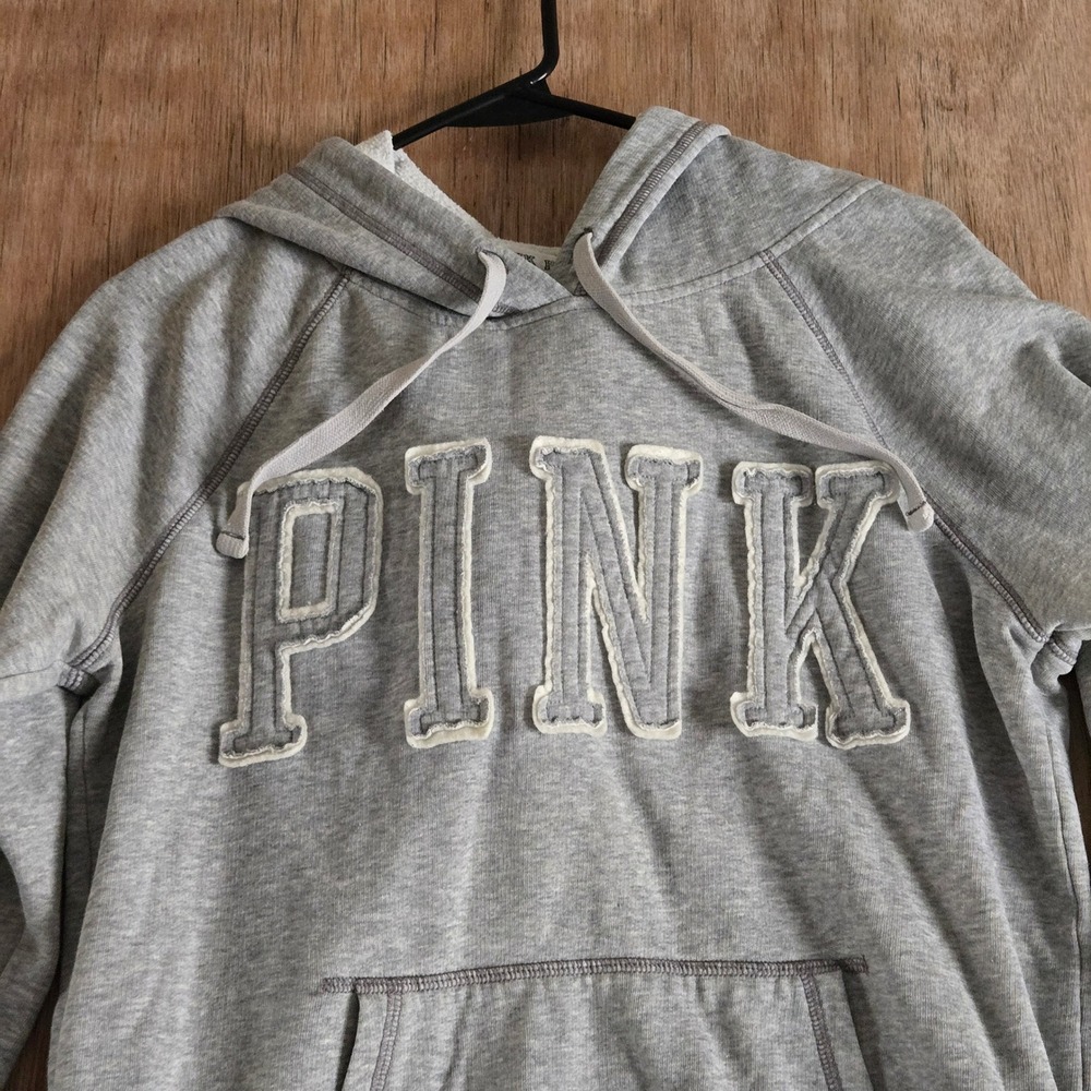 Pink Victoria's Secret Gray Spellout Pullover Hoodie Sweatshirt Medium